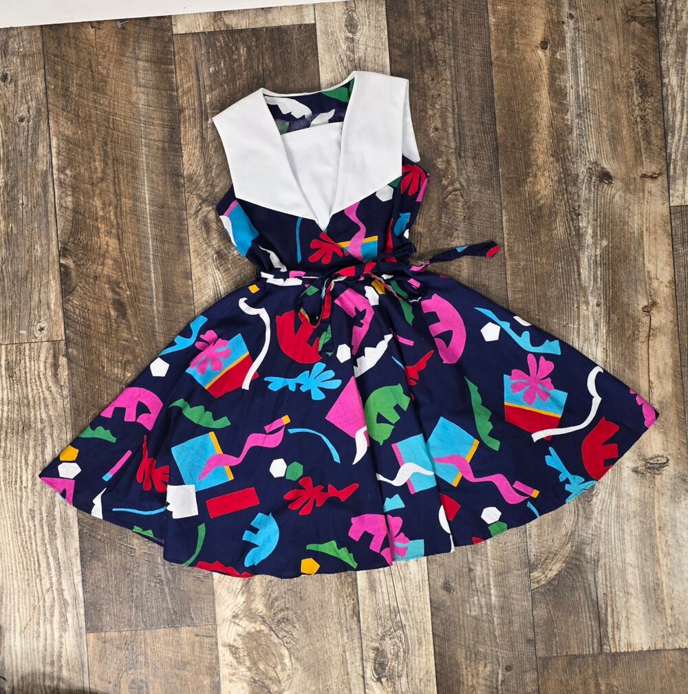 Vintage Girls Abstract Print Sailor Dress Colorful Full Skirt Size 10 Reto